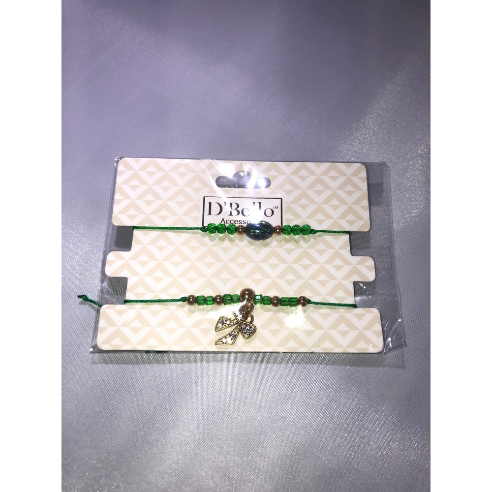 D'Bello‎ Accessories Green Cord Bracelet Set Bow Charm Rhinestone Beaded 2pc NEW